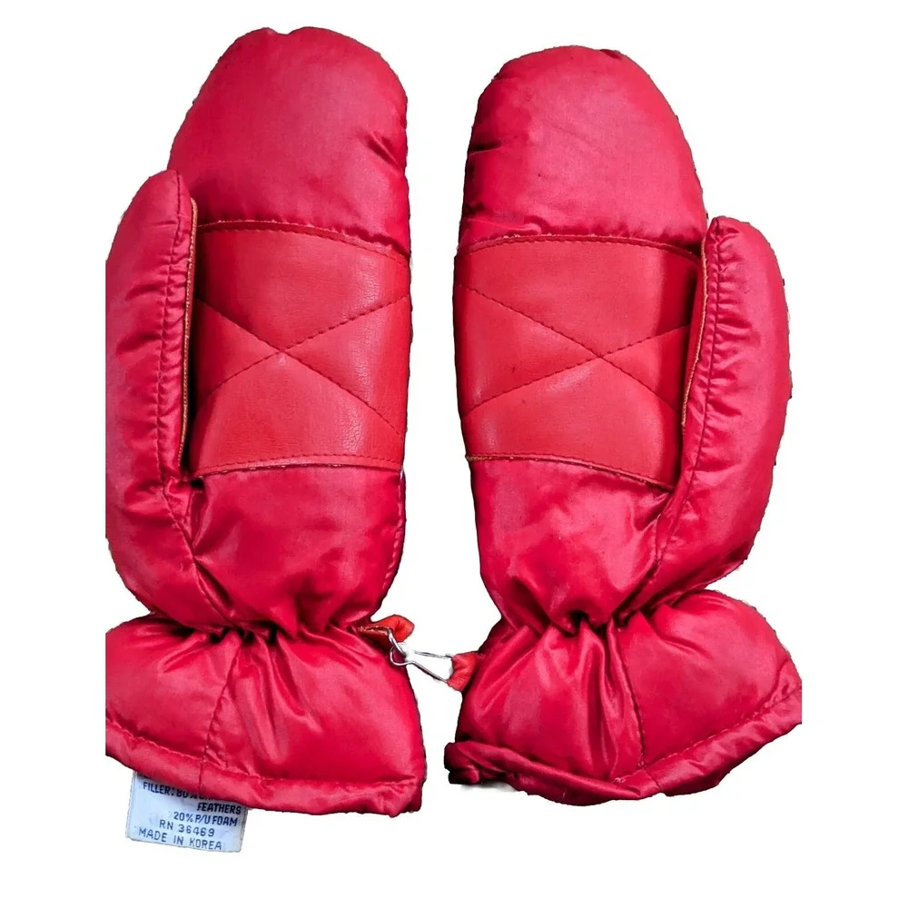 Vintage 80s Winter Ski Mittens Puffy Chicken Feather Gloves Childrens Korea